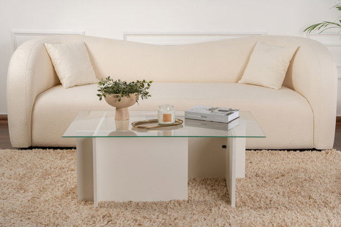 Nordure Mesa de centro blanca de madera con cristal templado, 105x40x65 cm